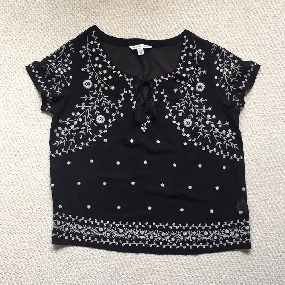 American Eagle Sheer Embroidered SS Blouse